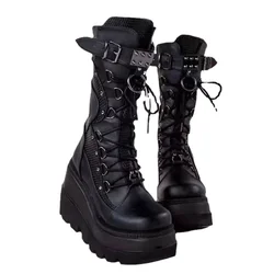 Botas de plataforma gótica para mujer, zapatos con remaches, hebilla Punk, cuñas de tacón alto, fiesta, Cosplay callejero, novedad