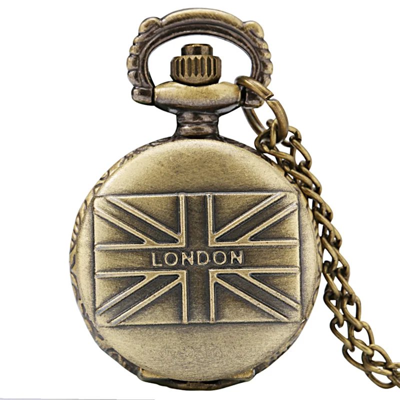 Bronze Uk Flag Pattern Tiny Size Quartz Analog Pocket Watch for Men Women Arabic Numeral Clock British Style Pendant Clock Gift
