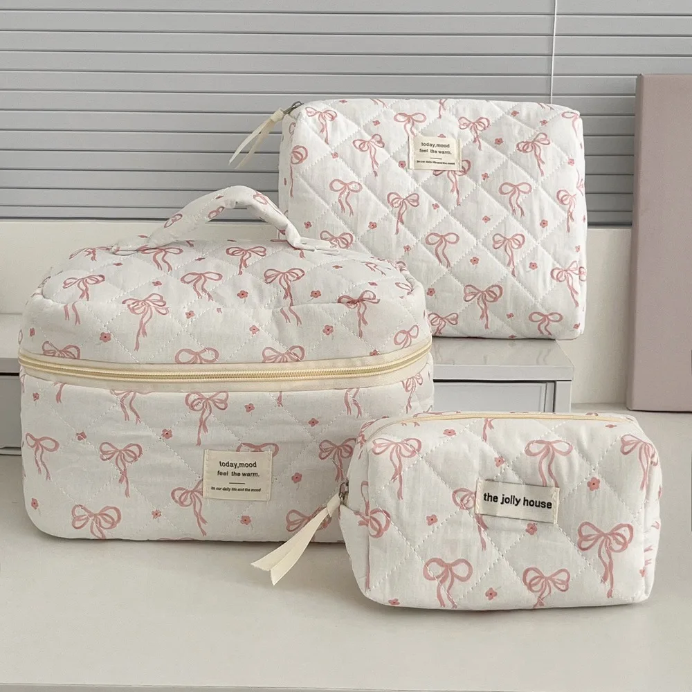 

New Korean Style Cosmetic Bag Zipper Pink Bow Travel Storage Bags Plaid Multi-size Stationery Pouch for Women Girls