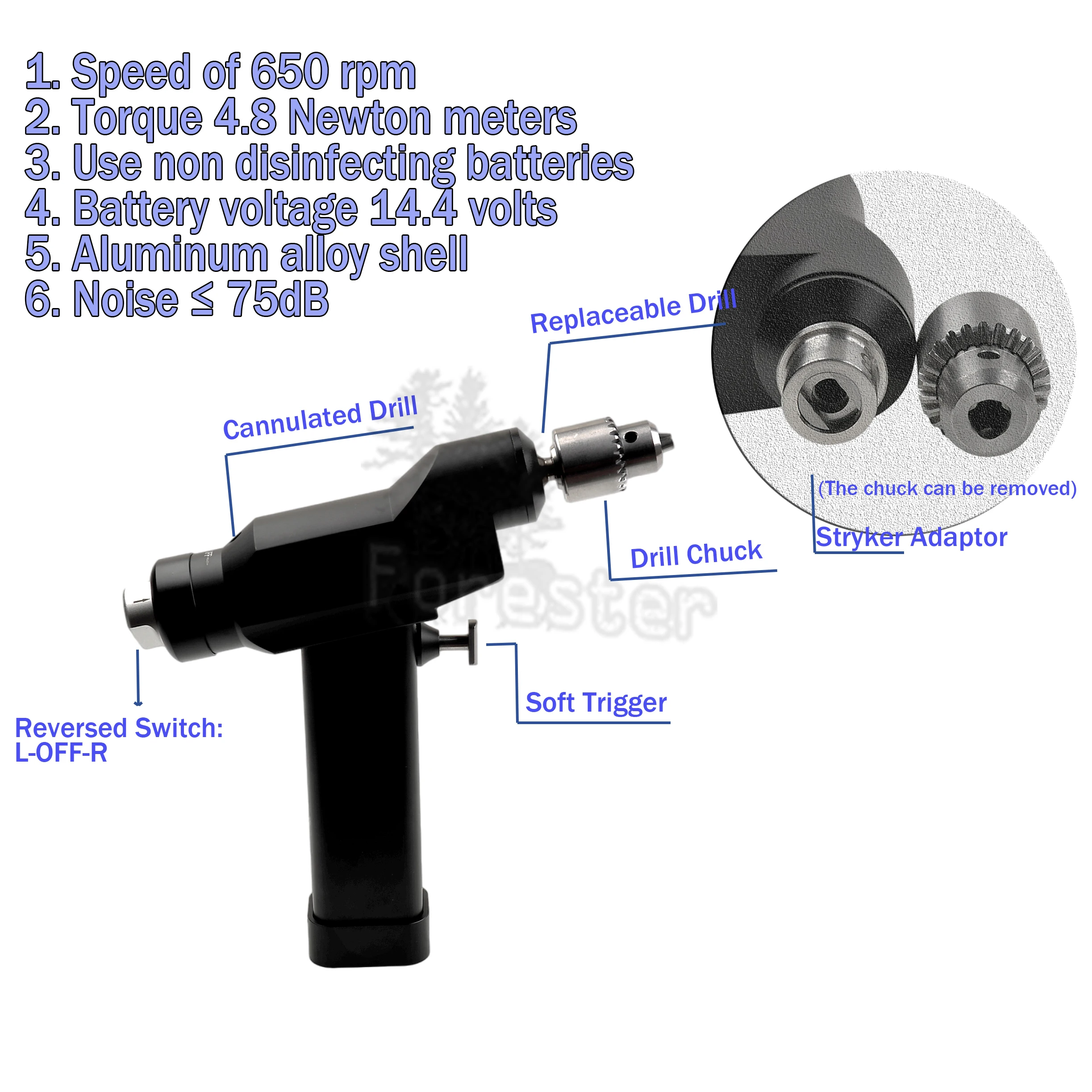 Cannulated Drill Orthopedic  Electric Power Drill Tool  for Trauma Autoclavable Orthopedic Veterinary Surgical Instrument