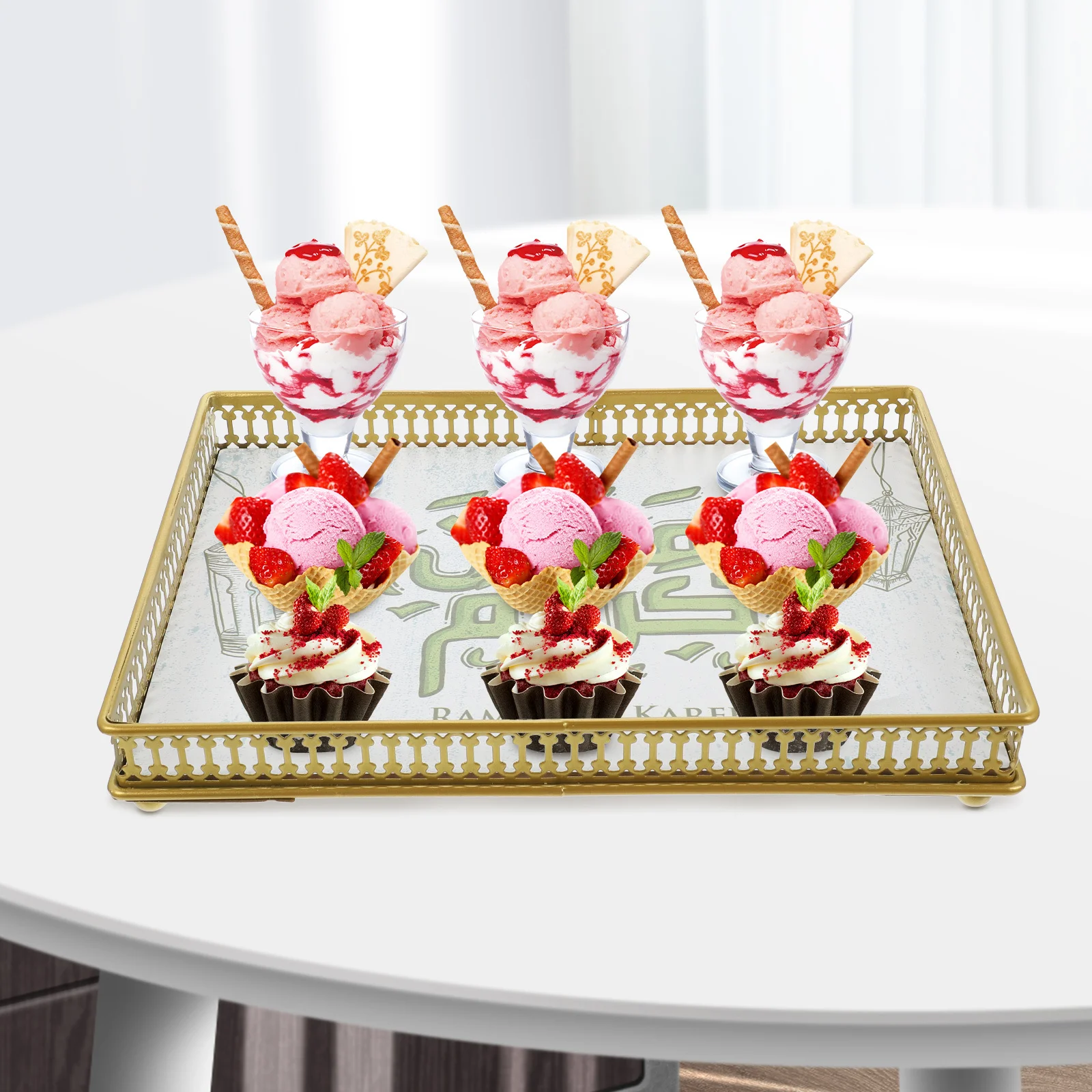 

Dessert Serving Tray Eid Decorative Iron Wood Food Serving Tray Safe for Ramadan Party Cake Candy Snacks Storage Display