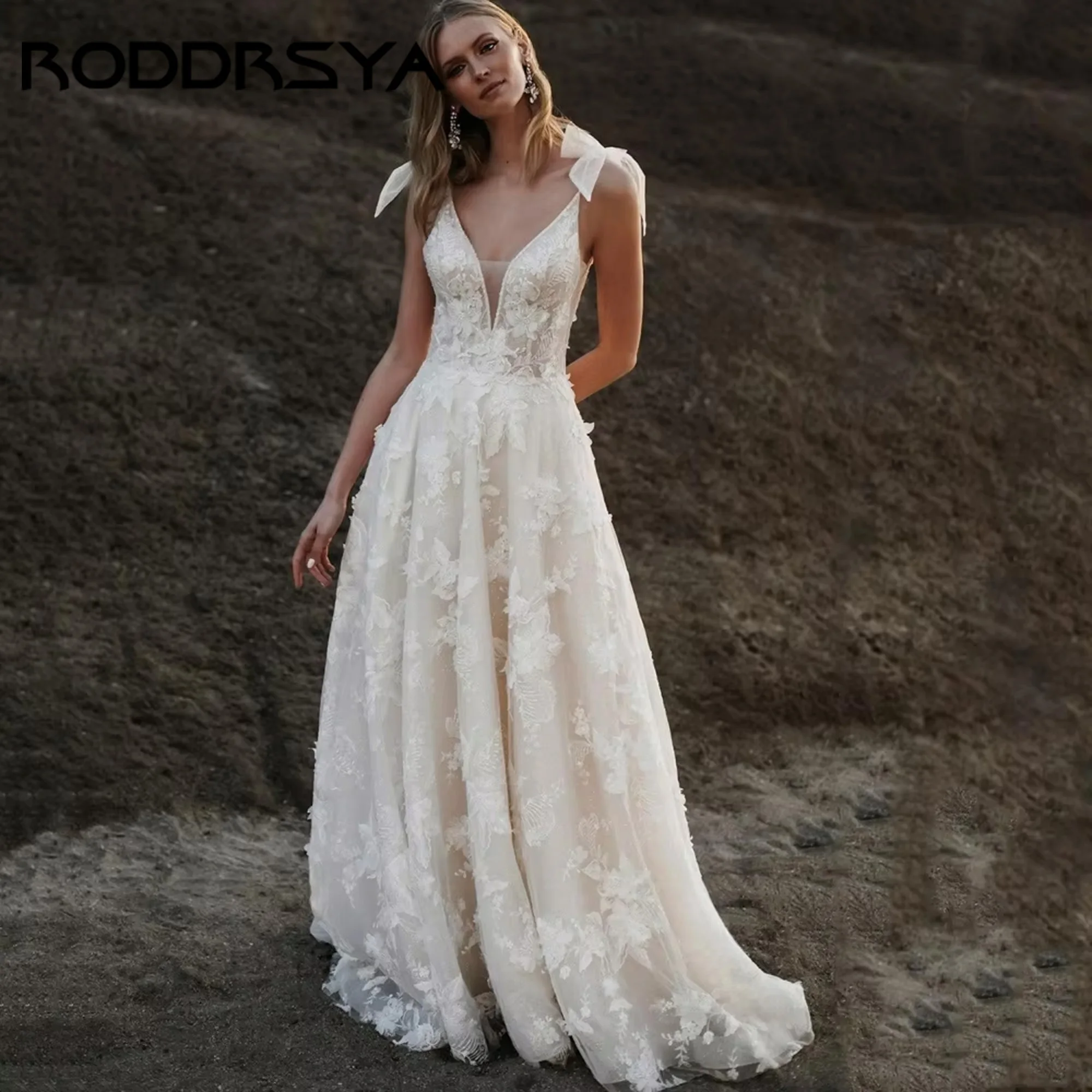 

RODDRSYA Boho A-Line Wedding Dresses V-Neck Spaghetti Straps Appliques Dress Lace Backless Bow Bridal Gowns Vestidos Customized