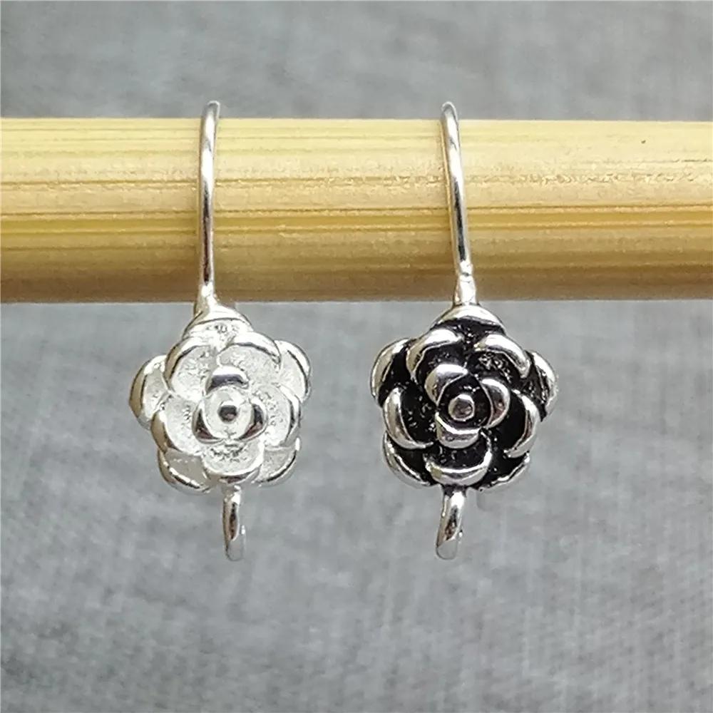 2 Pairs Rose Flower Earring Wire Hooks in 925 Sterling Silver with Loop