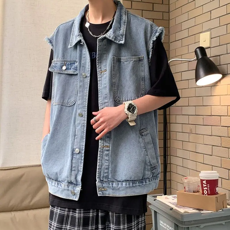 

Men's Loose Fit Denim Vest Trendy Casual Oversized Jean Jacket with Frayed Edges Stylish Unisex Streetwear Fashionable Outerwear