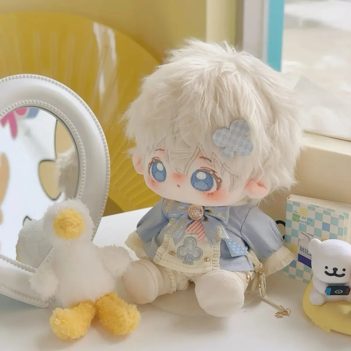 Vestiti per bambole in cotone da 20 cm Vestito stile scolastico blu con cappello da coniglio a orecchio lungo Accessori per vestire bambole in peluche carine