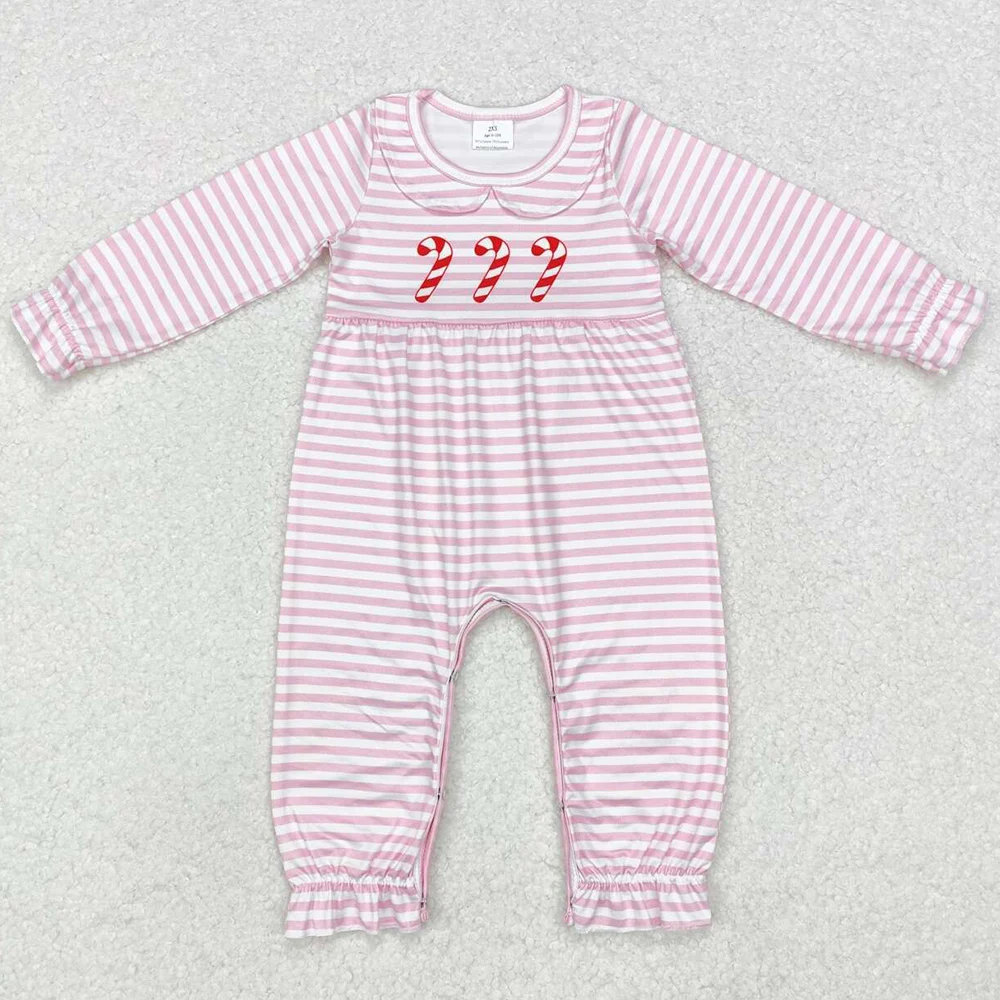 Boutique Baby Infant Girls Rompers Christmas Candy Cane Pink Long Sleeve Rompers Fashion Toddler GIrls Rompers One-Piece Suit