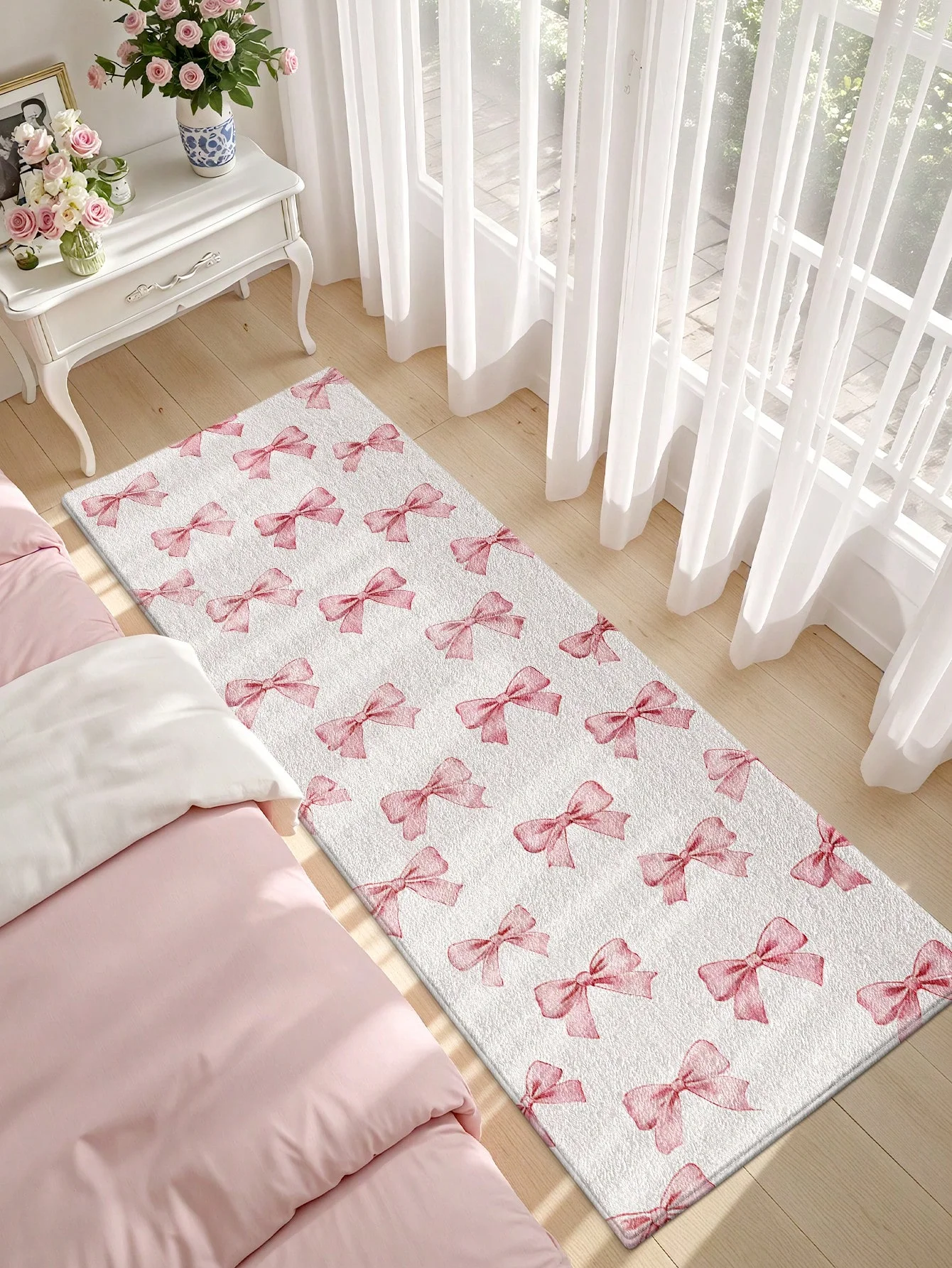 VIKAMA 1pc Pink Bow Bedside Rug, Elegant, Natural Suitable  Living Room Carpet Rug For Bedroom Bedside Floor Mat Doormat Home