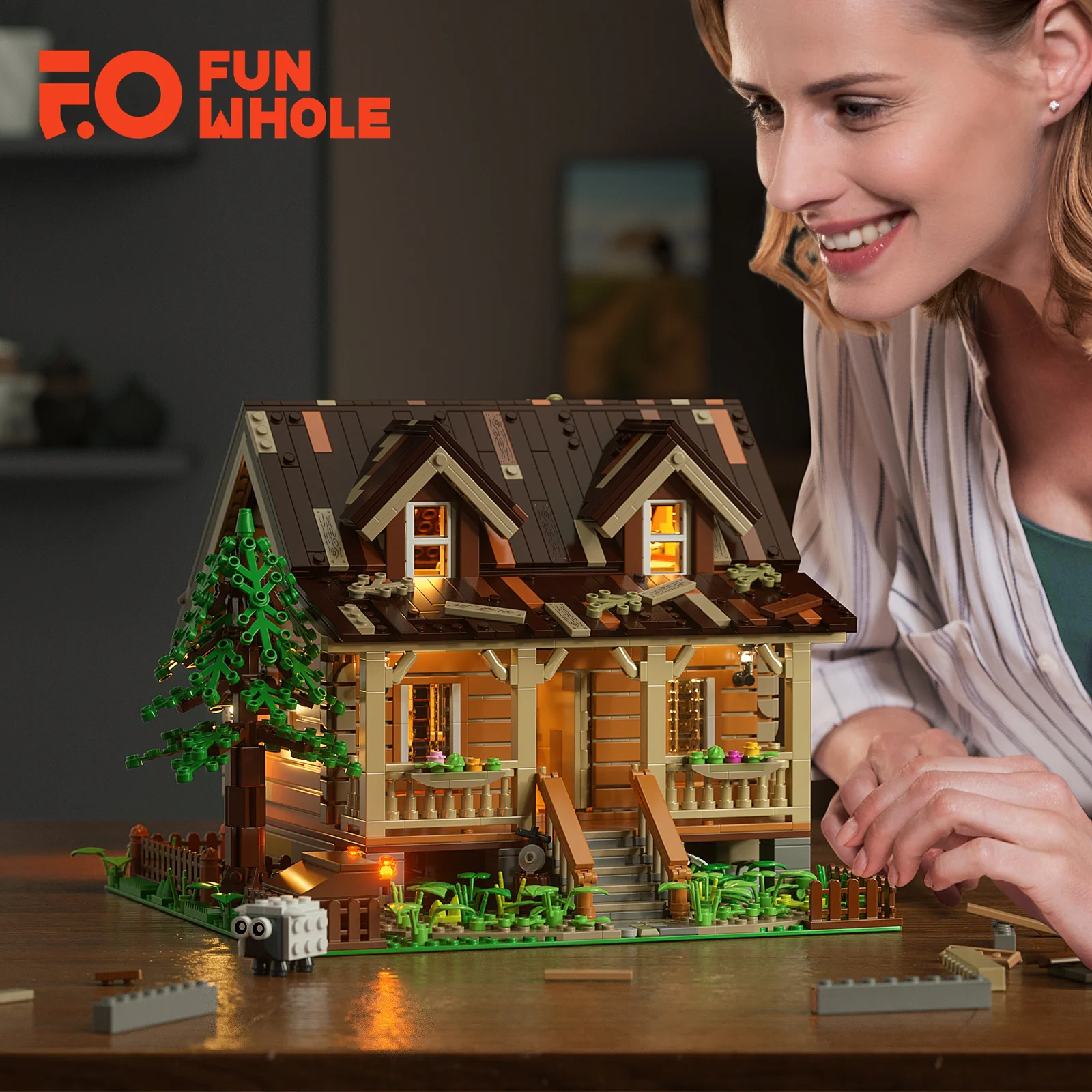 Funwhole Wood Cabin Set di blocchi modulari con Kit di luci a LED mattoni modello 2097 pezzi giocattoli da costruzione per bambini e adulti