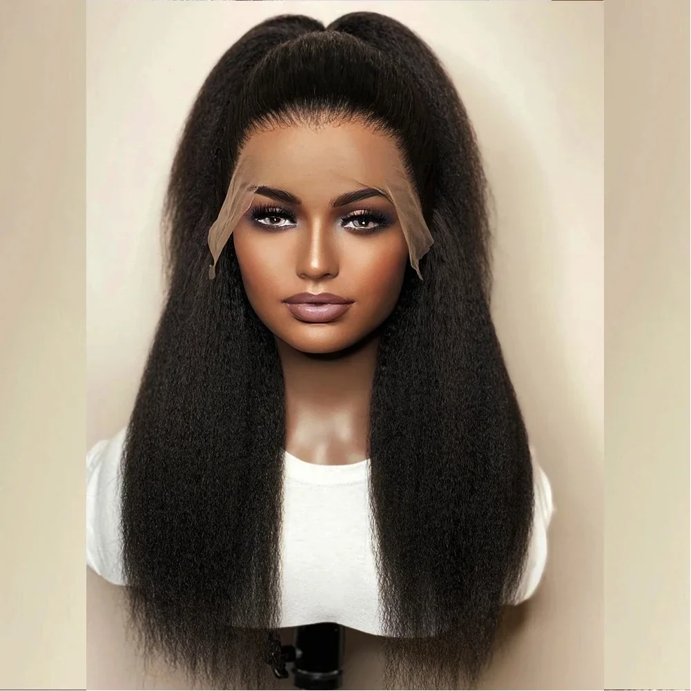 Kinky Straight Lace Front Wig para mulheres, cabelo macio do bebê, pré-arrancadas, sem cola, resistente ao calor, sintético, natural Yaki, 180 Densidade, 26"