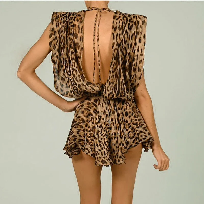 Leopard Print Mini Dress Women Sexy Deep -Neck Backless Beach Dresses Summer Sleeveless Chiffon Holiday Party Dress 2024