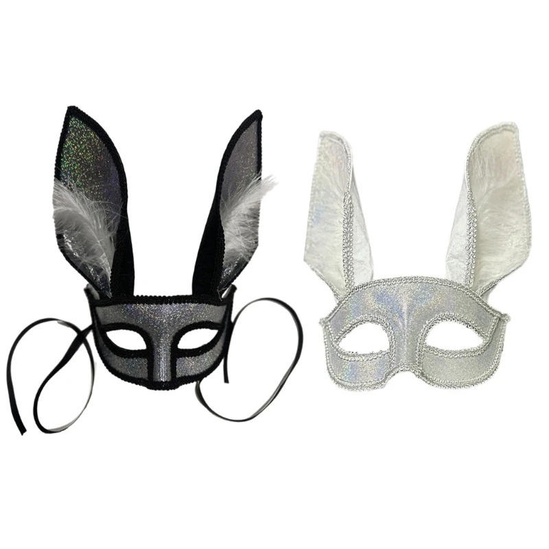 Masquerade Rabbits Ears Glitter Half Face Mask with Feathered Accents for Birthday and Costume Parties Eyemask Accessory