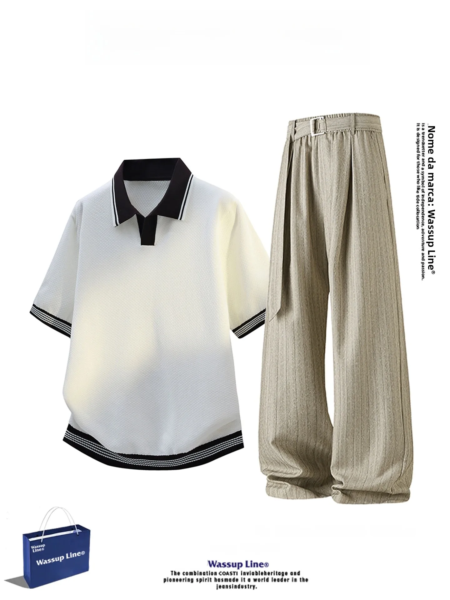 wassup-line-men's-casual-short-sleeve-shirt-and-pants-set-summer-youth-polyester-fiber-long-pants-short-sleeve-t-shirt