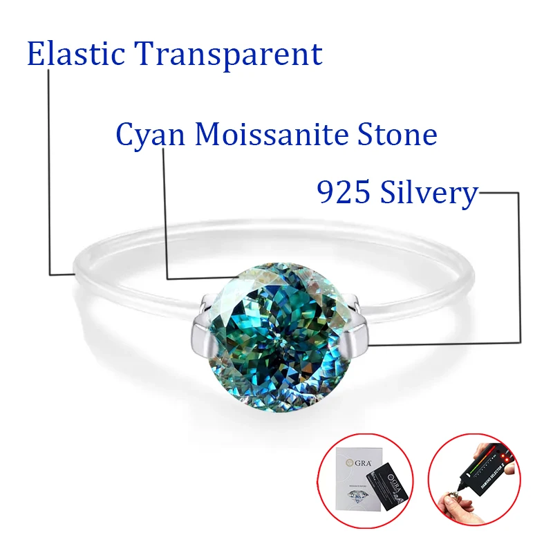 Elastic Transparent Cyan 2.0 Carat Moissanite Ring with GRA Certification 925 Silvery Round Engagement Ring for Women