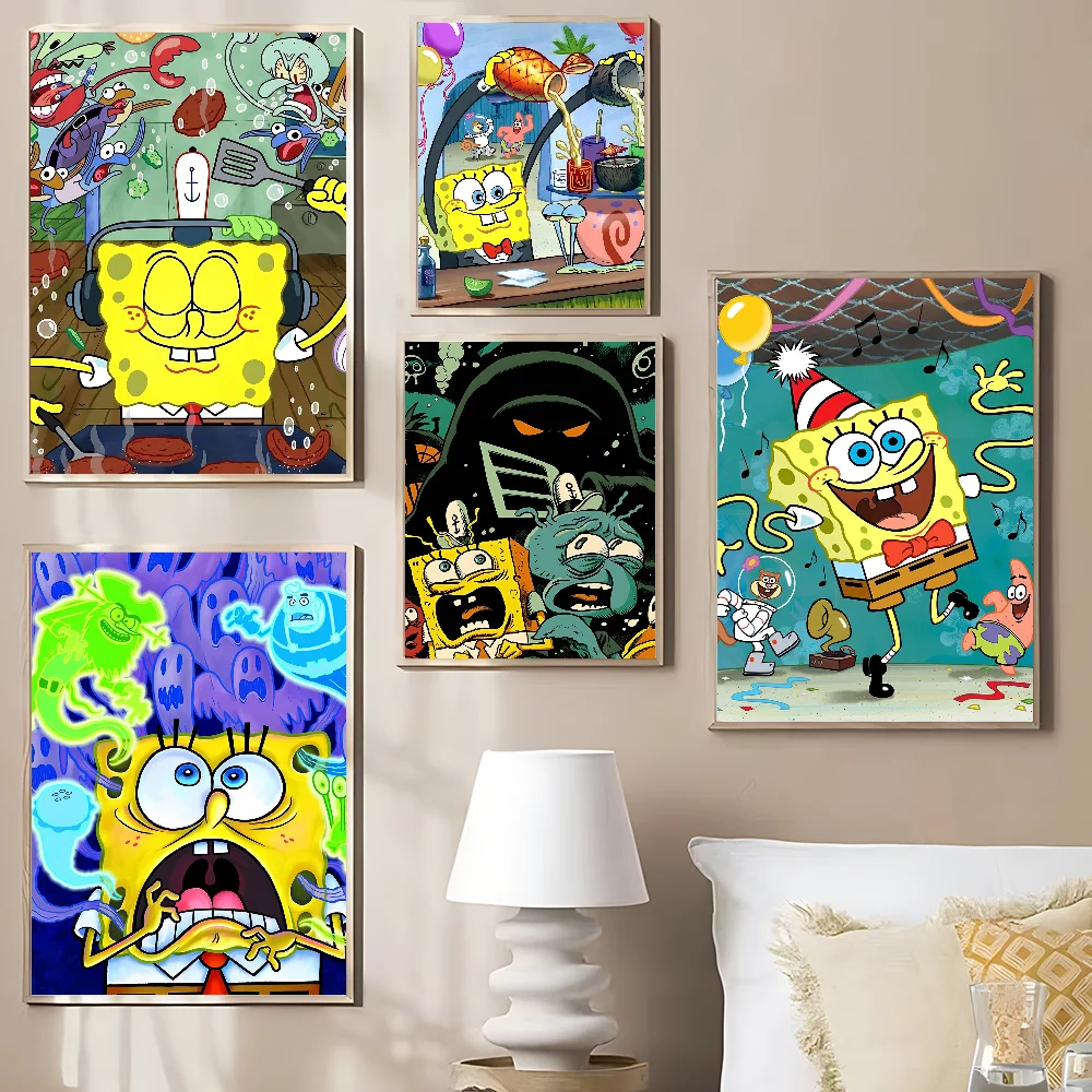 S-SpongeBob Whitepaper Poster Vintage Room Home Bar Cafe Decor Vintage Decorative Painting