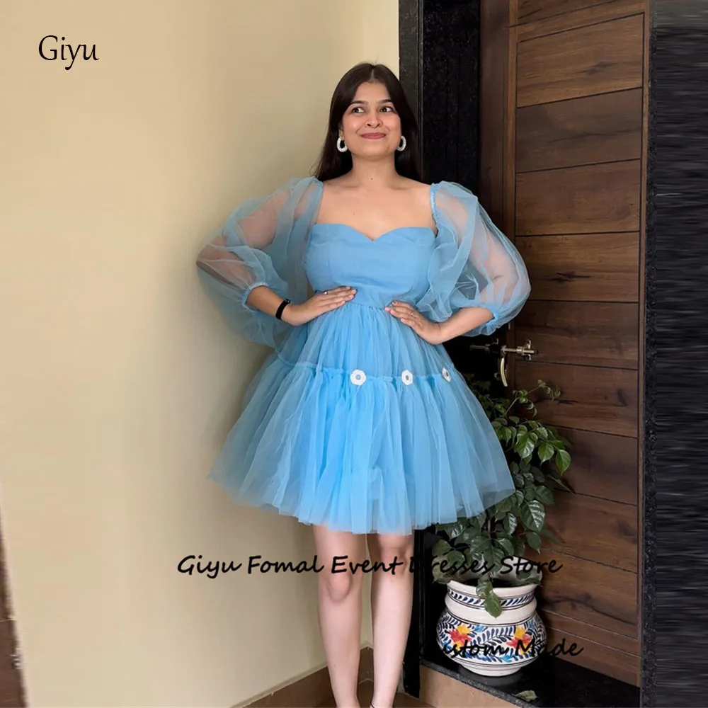 

Giyu Mini Short Tulle Prom Party Dresses Blue Arabic Women Puff Long Sleeves Sweetheart Birthday Dress Cocktail Evening Gowns