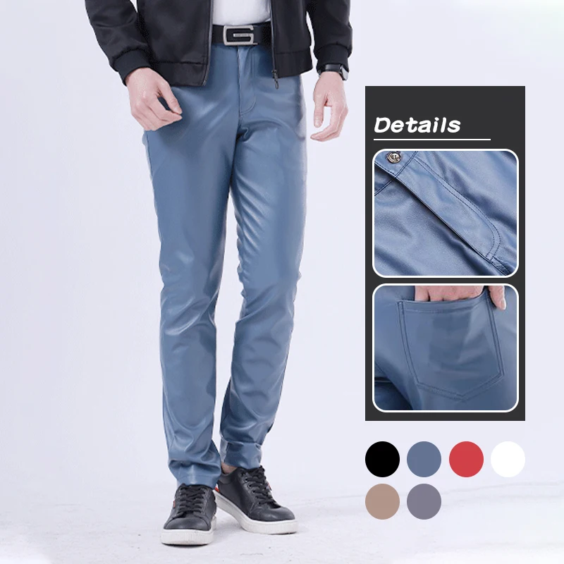 Men Leather Pants Skinny Fit Elasti Fashion PU Leather Trousers Motorcycle Pants Wet Look Stretch Faux Leather Streetwear
