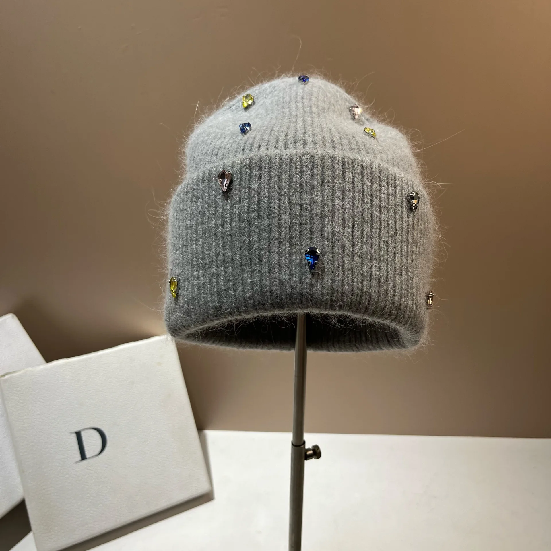 Colorful Rhinstones Winter Women Knitted Hat Real Rabbit Fur Warm Wool Skullies Beanies Ear Protection Outdoor Skiing Caps