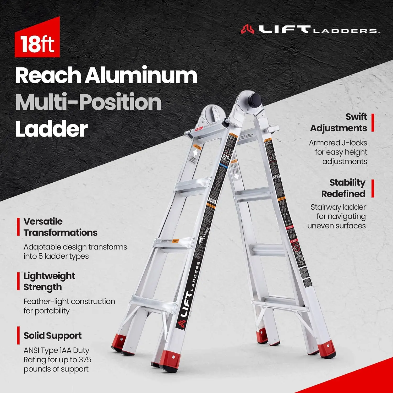 18 Foot Reach Adjustable 5 In 1 Multi Position Lightweight Aluminum Hinge Step Ladder With Armored J Locks And 375 Pound