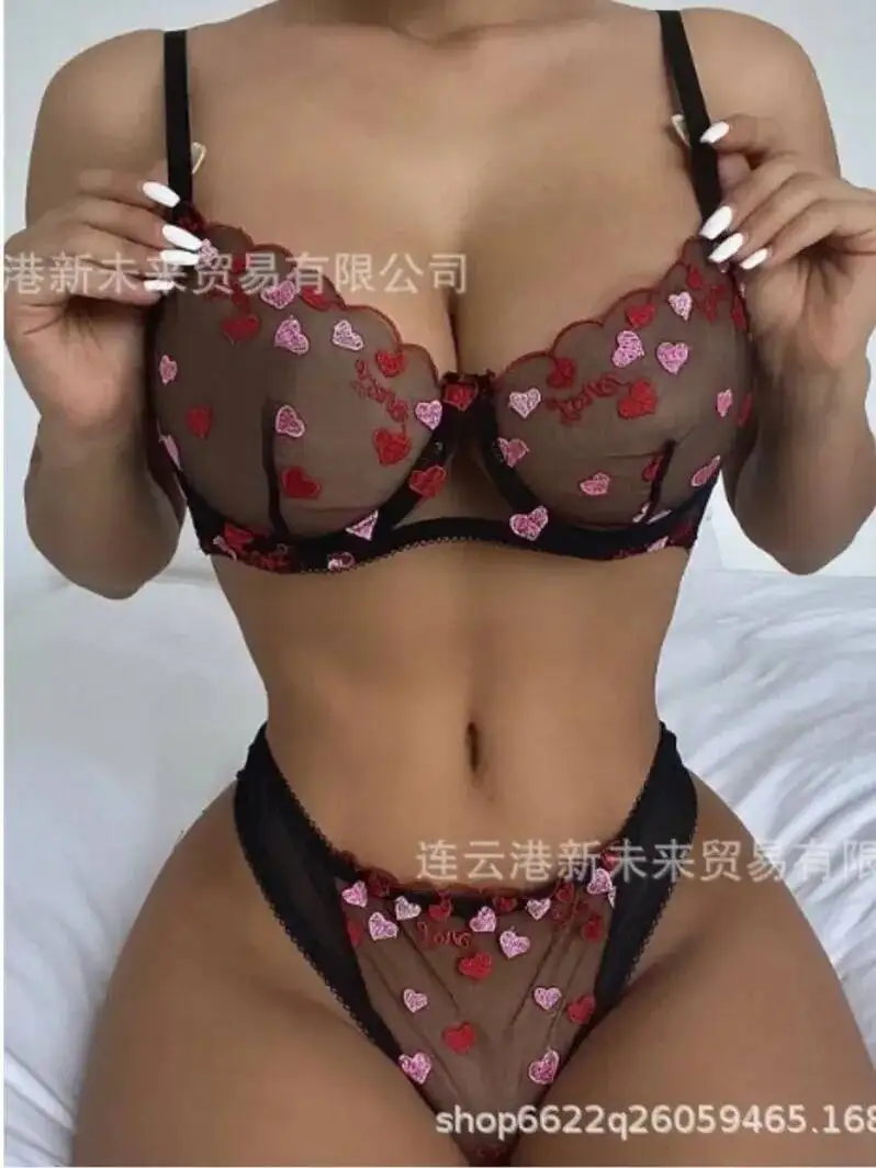 Sexy Transparent Heart Print Mesh Lace Bikini Backless Deep V Suspenders Sleeveless Bikini Charming Elegant Pure Desire 8DIQ