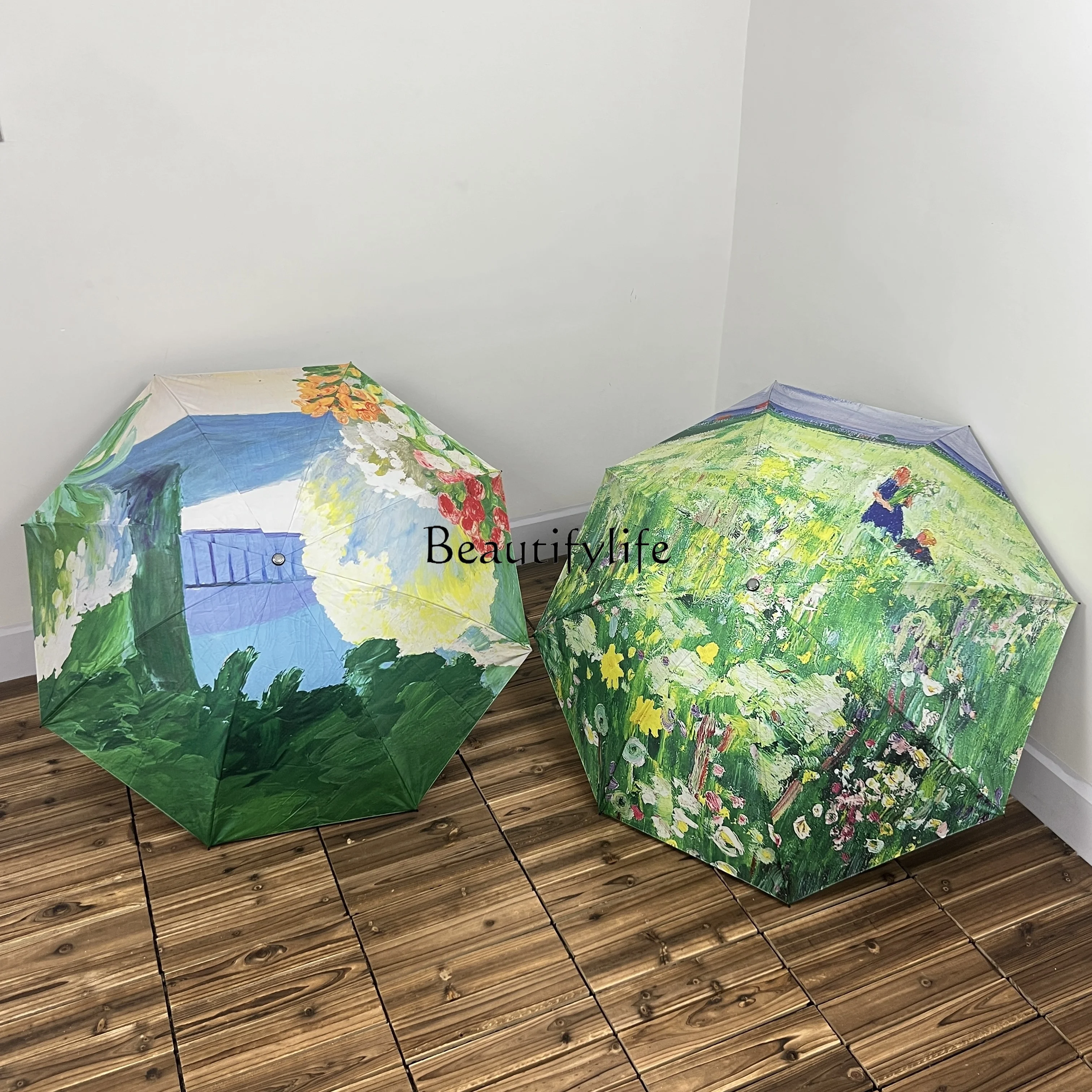 Oil Painting Ink Creative Vinyl Rain and Rain Dual-Use Windproof Tri-Fold Manual Portable Sunshade Sunshade