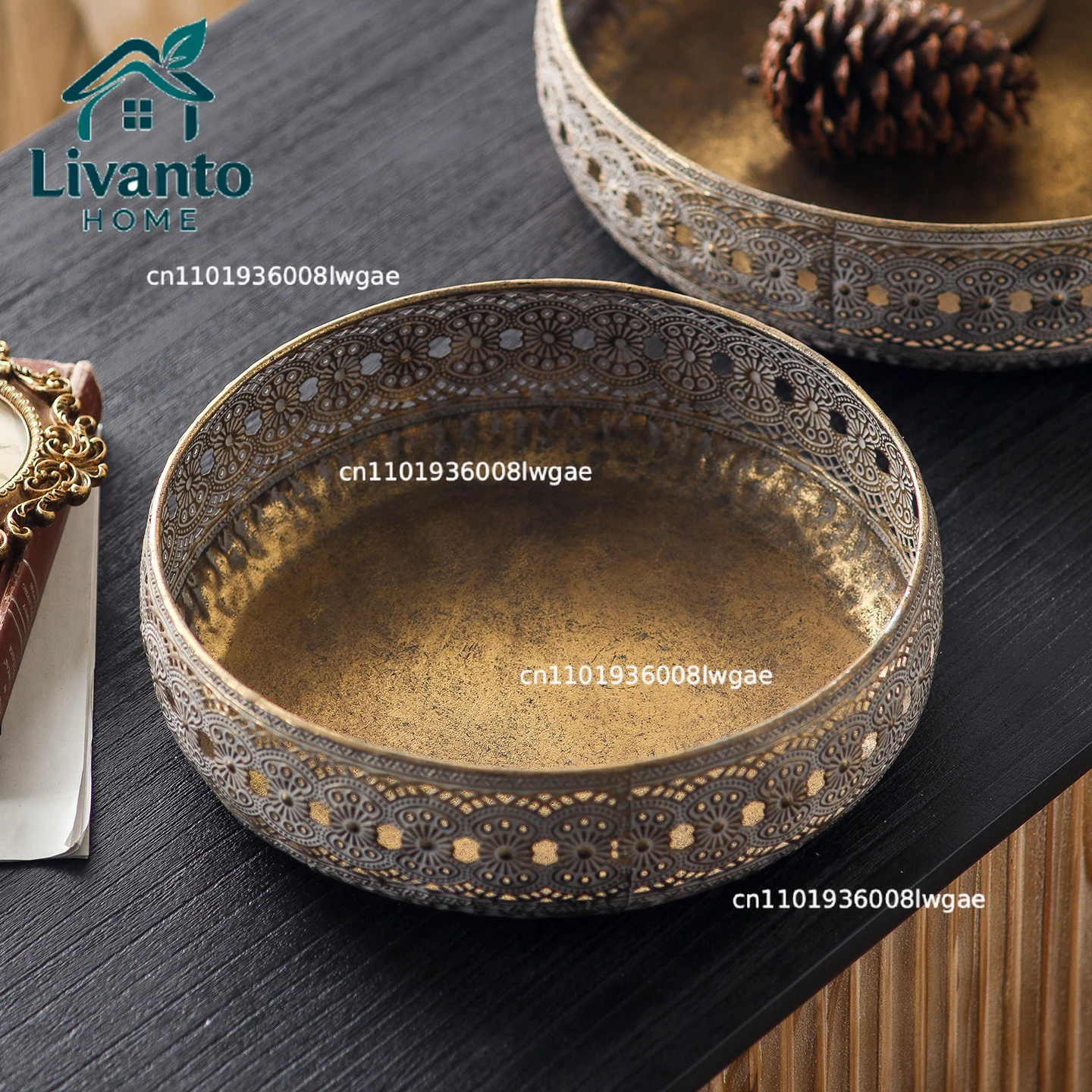 

Vintage Round Iron Tray, Antique Gold Decorative Centerpiece, Hollow Carved Metal, Elegant Home Decor Accent