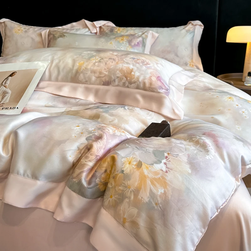 

4Pcs Light Luxury Bedding Set High Density Active Printing Duvet Cover Sheet Pillowcase Ice silk Summer Comforter Bedding Sets