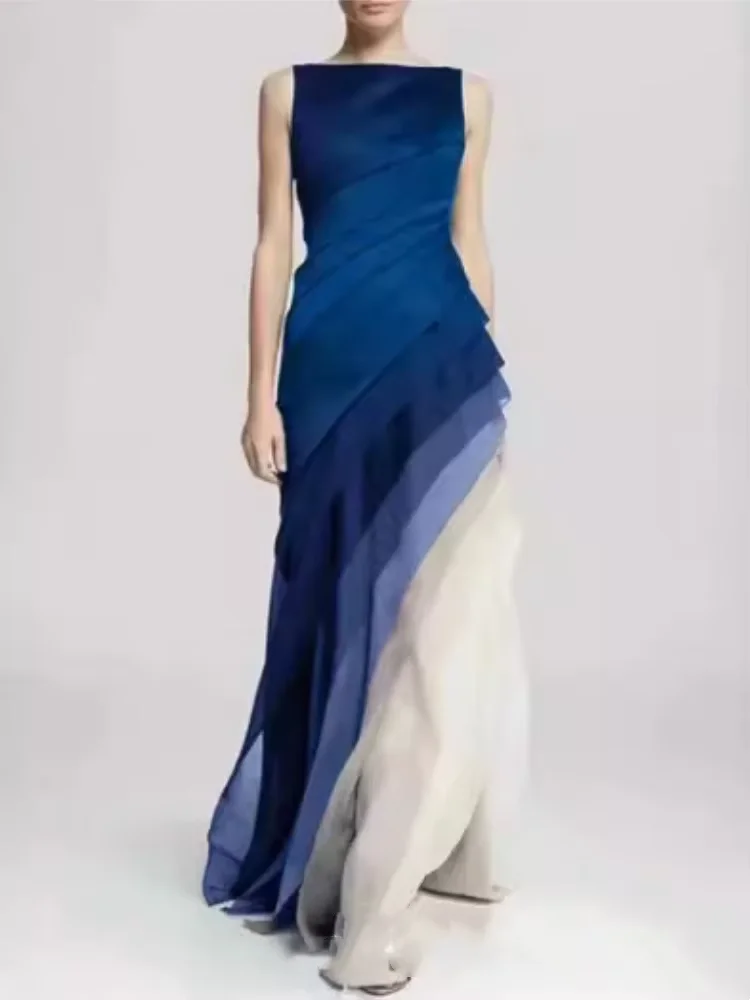 グラデーションパッチワーク女性用タンクドレス、ファッショナブルなボートネックノースリーブプリーツAラインガウン、シックなフロア丈プロムイブニングドレス