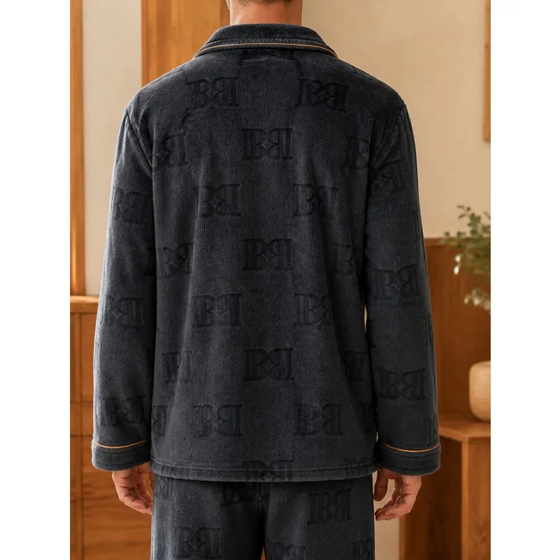 Men's Minimalist Thick Casual 2‑Piece Fleece Pajama Set for Autumn & Winter, Soft Warm Loungewear With Pockets, Cozy Home Outfit