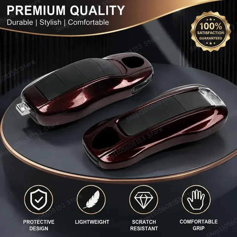 For Porsche Cayenne Macan 911 718 Taycan Key Case Red Mahogany Leather Car Key Cover Protective Sleeve Compatible with All
