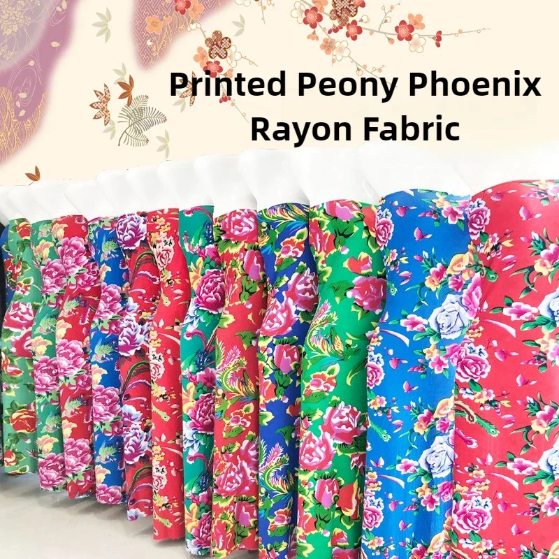Phoenix Peony Pattern Rayon Fabric Per Meter for Pajamas Clothes Sewing High-grade Thin Twill Decorative Cloth Skin-friendly Red