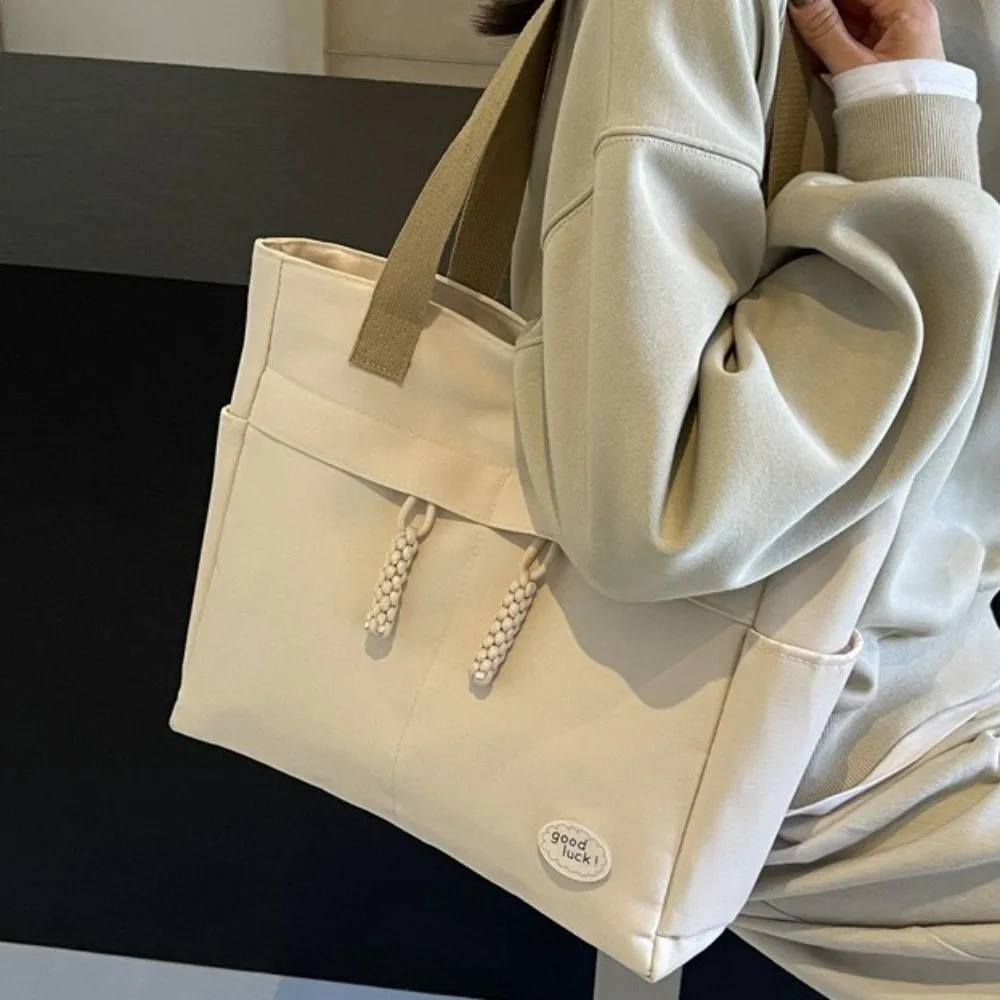 

Fashion Solid Color Canvas Tote Bag Japanese Style Large Capacity Simple Handbag Multi Pocket Shoulder Bag Travel
