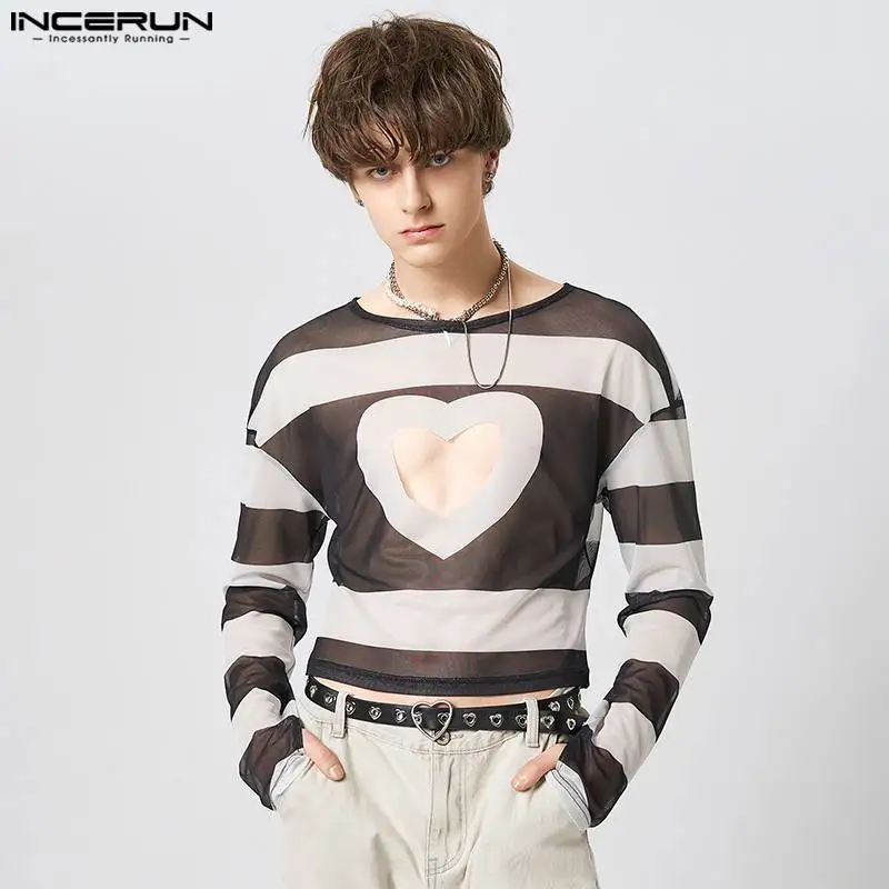 INCERUN Tops 2023 American Style New Men\'s Hollowed-out Love Pattern Camiseta Fashion Casual Printed Long-sleeved T-shirts S-5XL