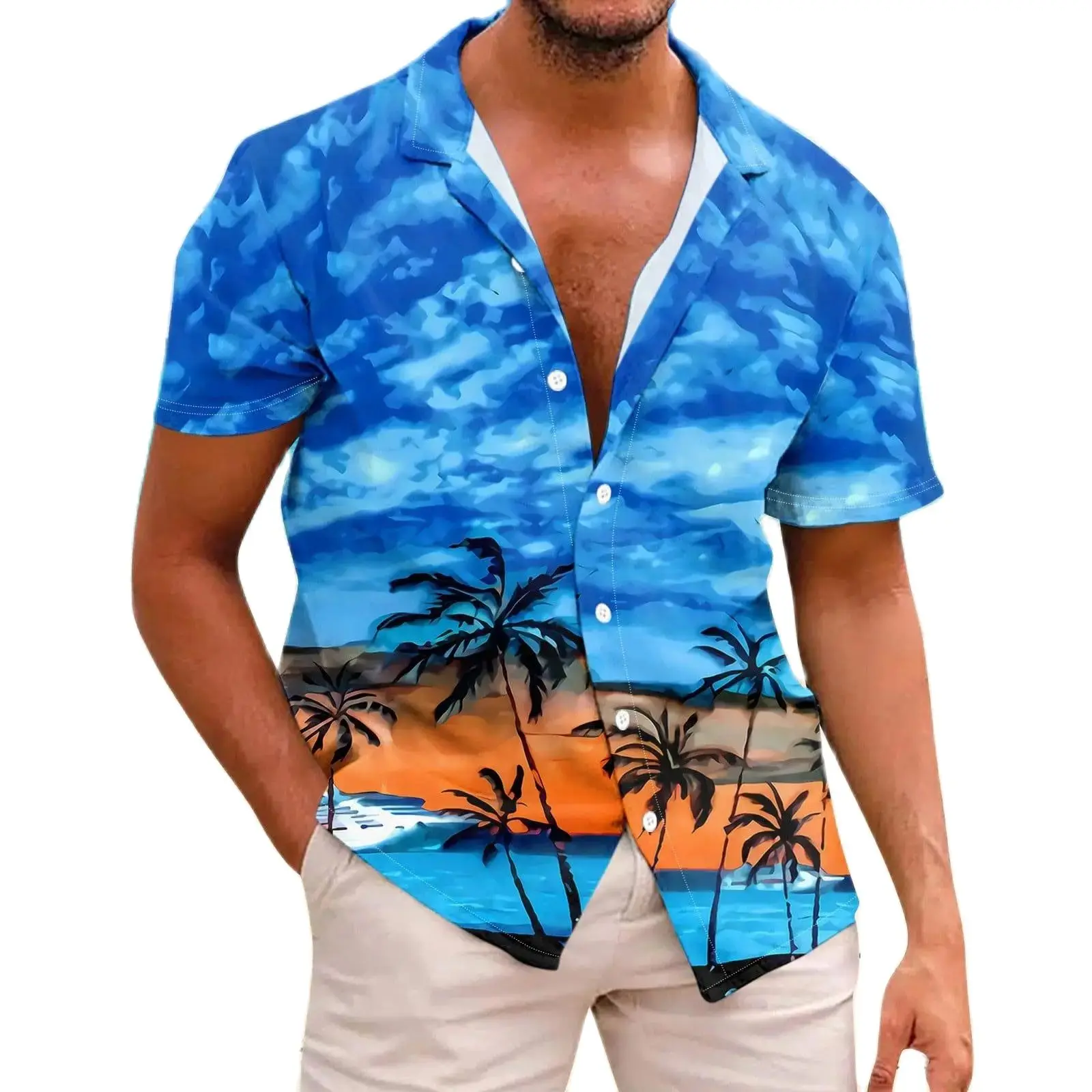 Coconut Tree Printed Men\'s Shirts Summer Loose Short Sleeve Lapel Hawaiian Beach Holiday Shirts Casual Button Down Shirts For Me