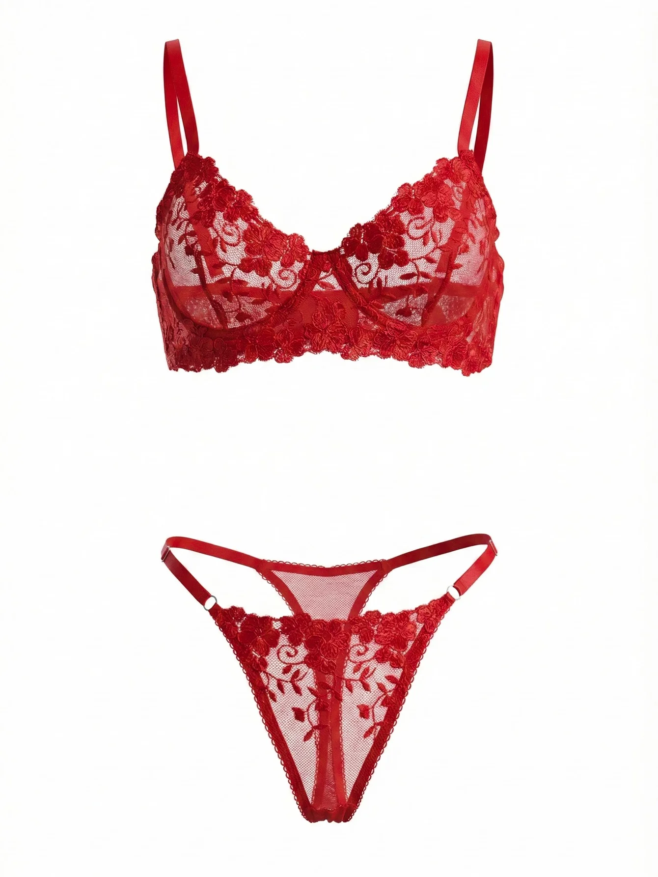 

Женский комплект нижнего белья из красного кружева с цветочным узором: прозрачный сетчатый бюстгальтер и стринги, сексуальное интимное белье для женщин