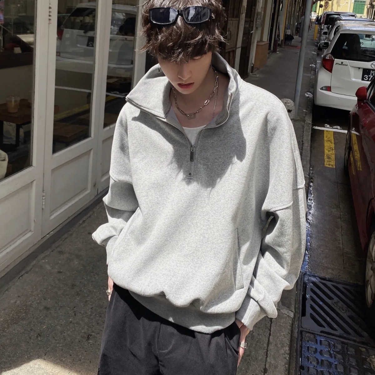 

New Half Zipper Design Sweatshirts For Men Autumn Vintage Stand Collar Pullover Hoodies Korean Fashion Casual