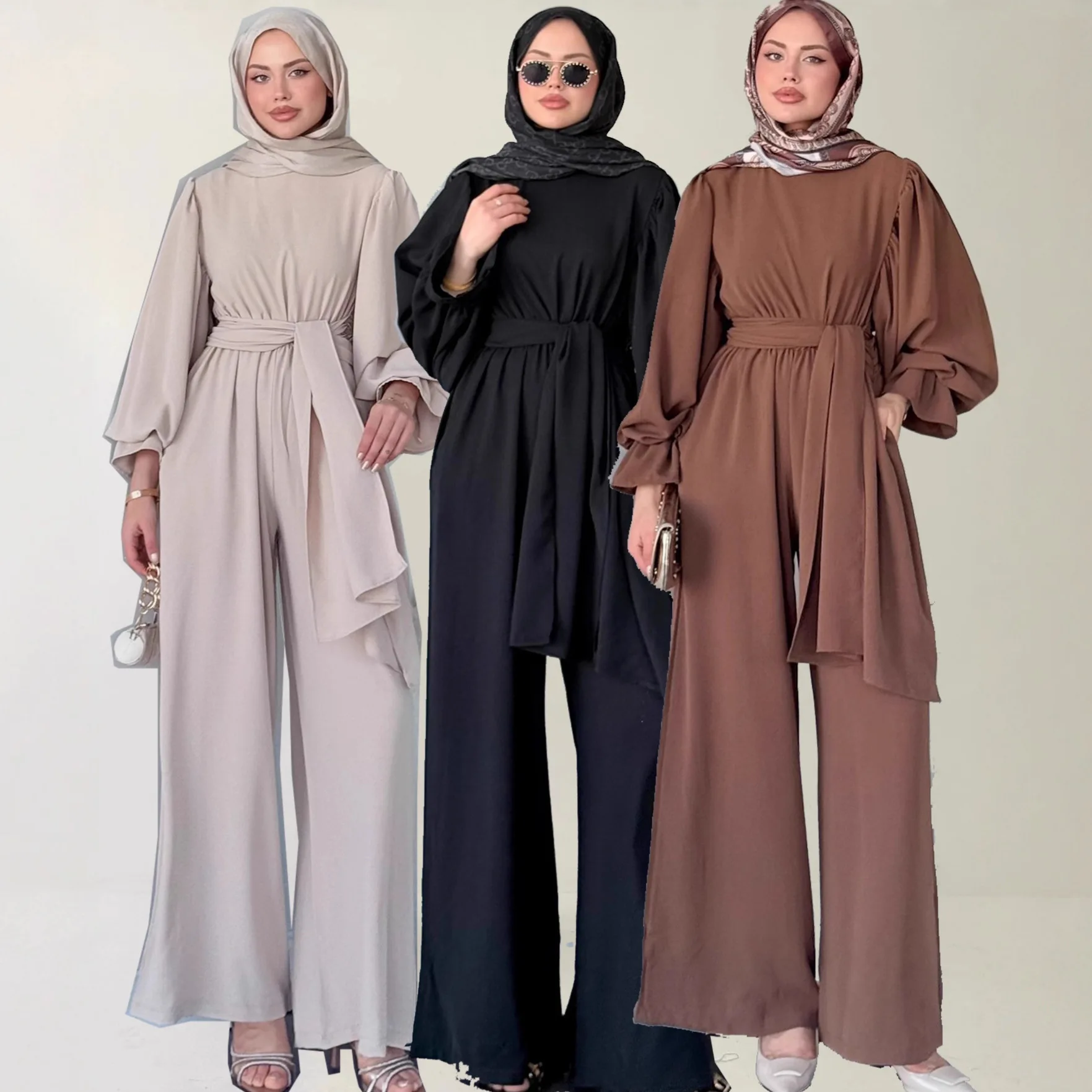 Top calças de perna larga terno feminino muçulmano 2 peça define eid topos calças rendas até dubai modesto conjunto marrocos ramadan outfits