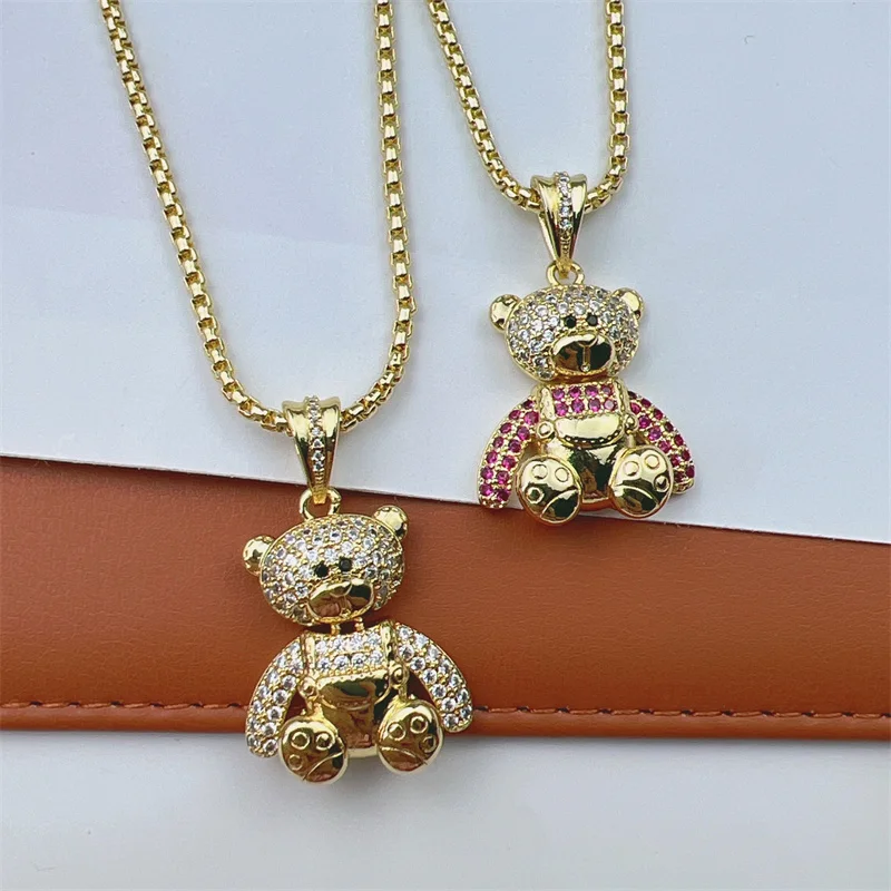 2023 Fashion Cute CZ Crystal Teddy Bear Necklaces For Women Copper Gold Plated Heart Bear Necklaces Animal Jewelry Gifts