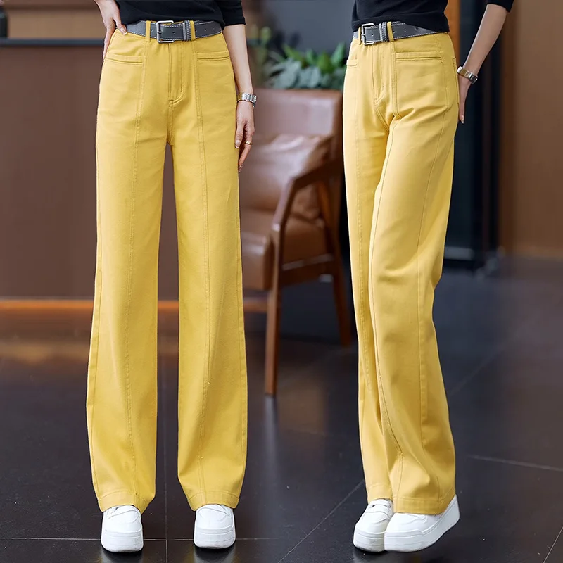 جينز أصفر ضيق واسع الساق للنساء، سروال طويل مستقيم فضفاض عالي الخصر للتخسيس متعدد الاستخدامات للربيع والخريف #4