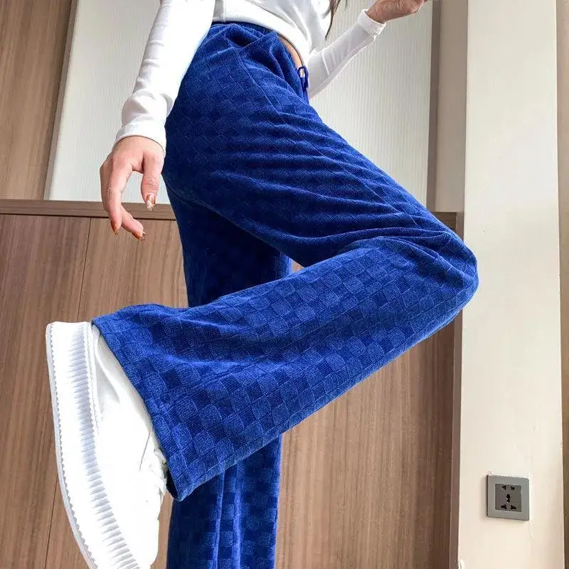 Checkerboard wide-leg pants women\'s new spring Klein blue plaid casual pants Chenille straigh