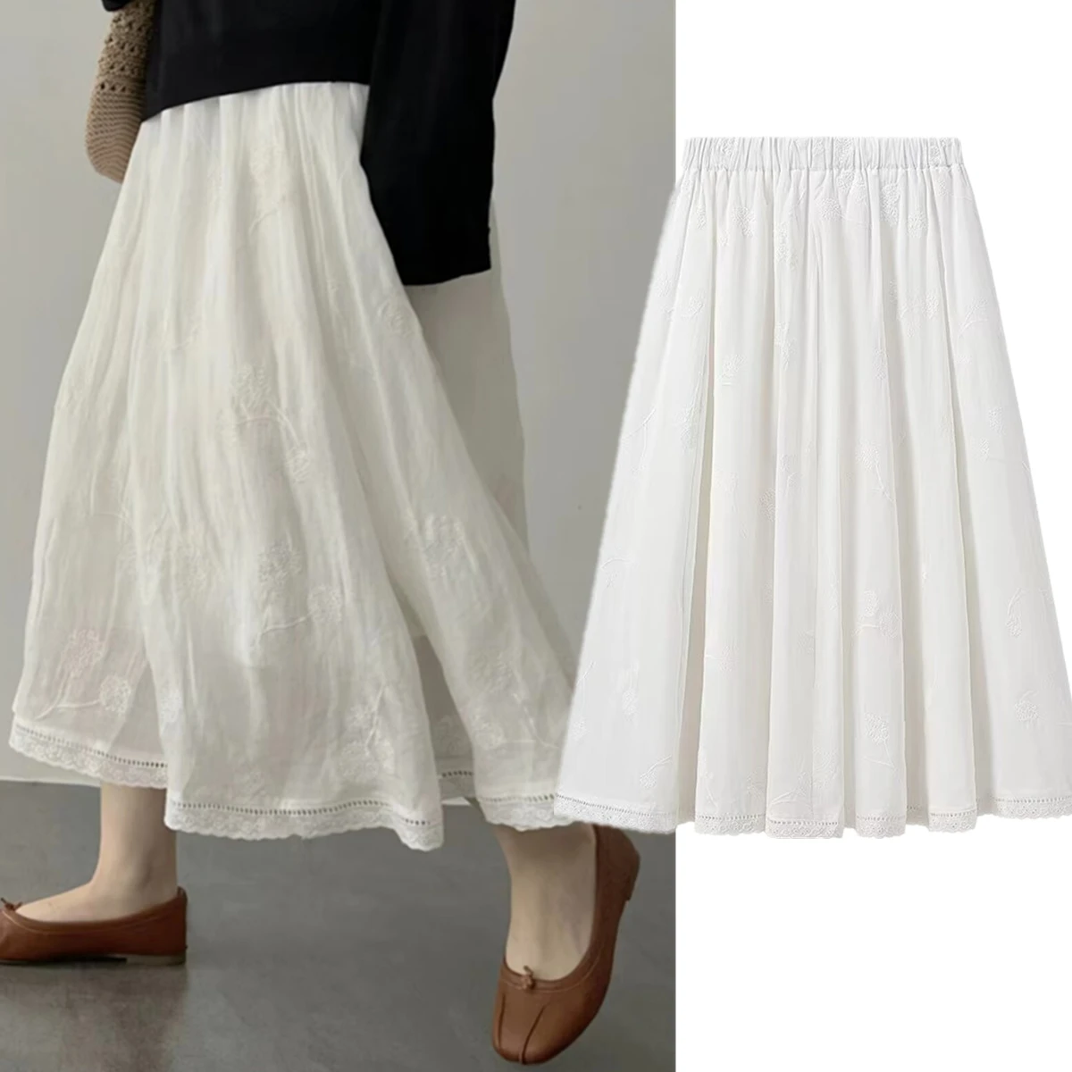 

Withered Nordic Minimalist White Embroidered Midi Skirt Women Pure Cotton Skirt Commuter Casual Elegant