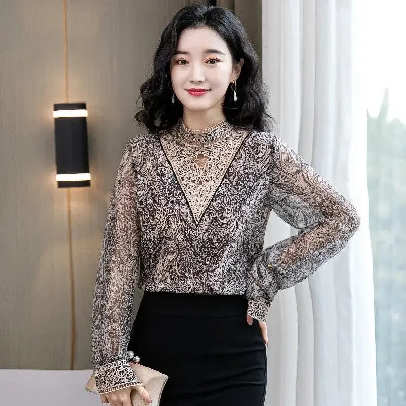 Women Blouse Chiffon Shirt Women\'s Long-Sleeved Spring Printed Lace Shirt Top Blusas Mujer De Moda