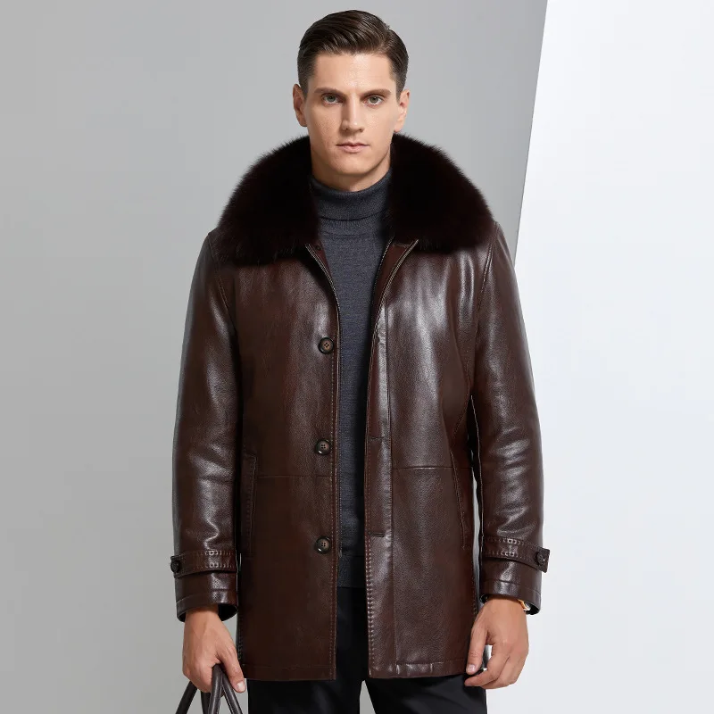 Winter Middle-aged and Elderly Men's Detachable Fur Collar Casual Leather Coat