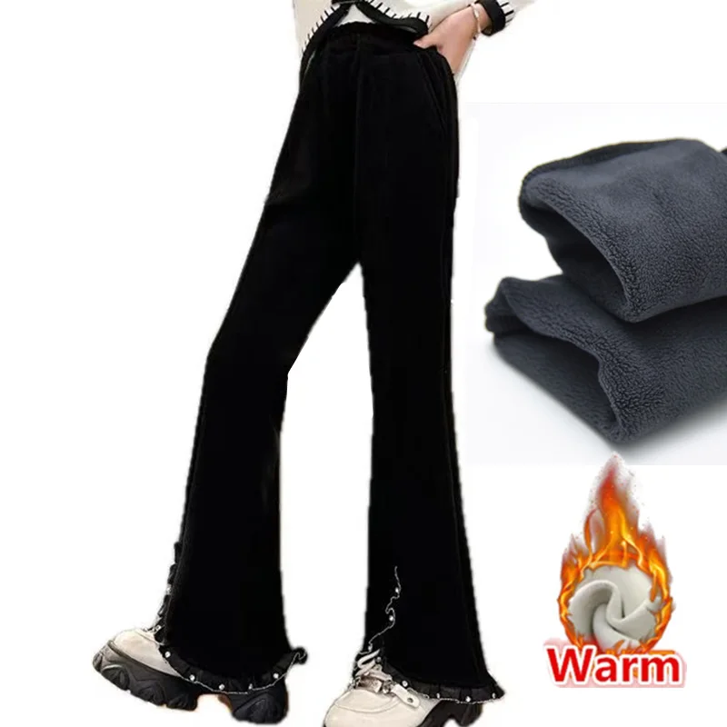 

Fancy Girl Winter Insulate Flare Pants with Front Bottom Slit Child Boot Cut Warm Thermal Trousers Kids Velvet Pearl Sweatpants