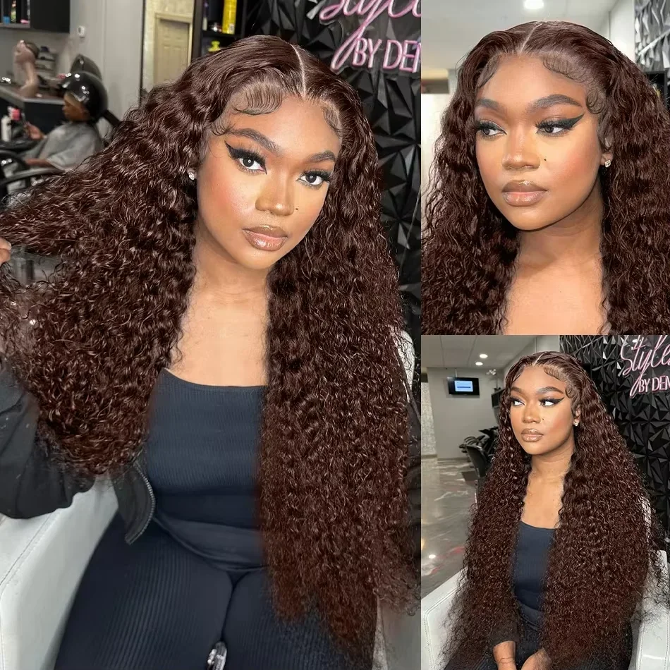 Chocolate Brown Deep Wave 13x4 HD Human Hair Lace Frontal Wig Pre Plucked 32 Inch Colored Curly 13x6 Lace Front Wigs For Women