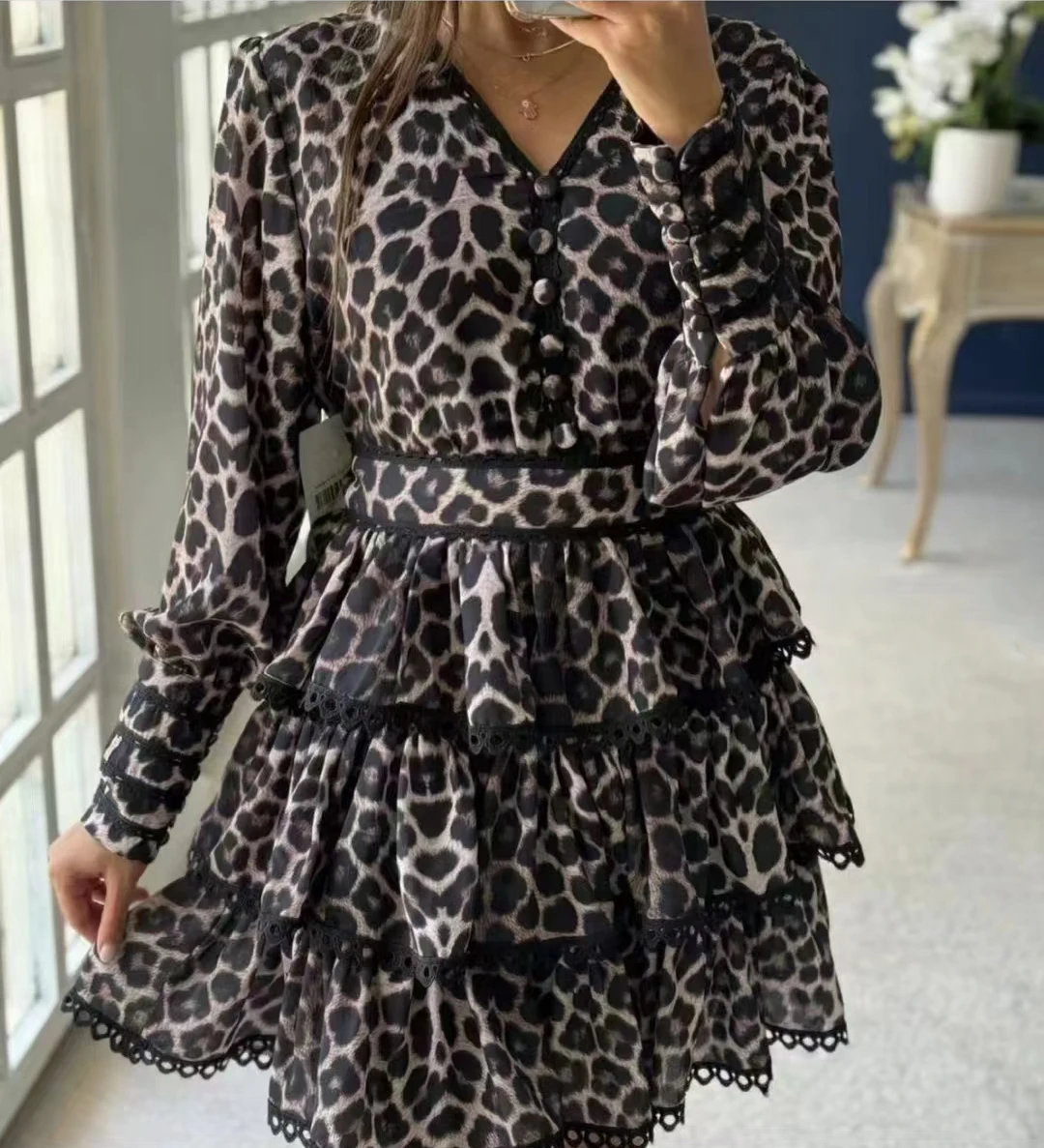 

SEQINYY Elegant Mini Dress Summer Spring New Fashion Design Women Runway High Street Vintage Leopard Print Lace Casual Holiday