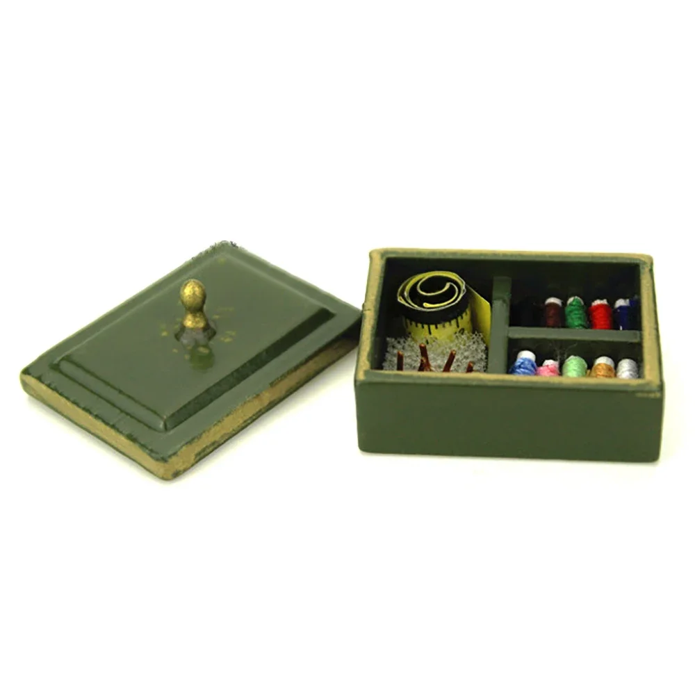 Accesorios en miniatura para casa de muñecas, Mini caja de costura, simulación de hilos de aguja, regla, modelo de juguete para decoración de casa de muñecas, 1/12