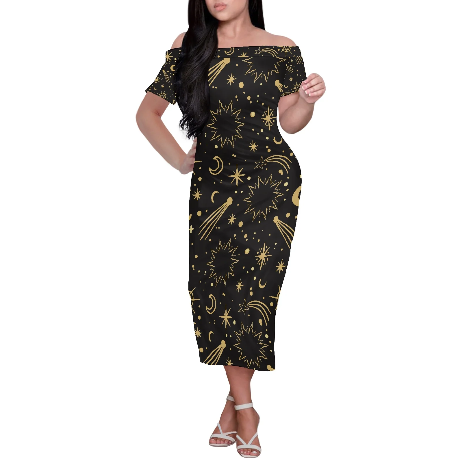 New Style Elegant Summer Women Clothing Off-The-Shoulder Starry Sky Print Dress Sexy Buttocks Short-Sleeved Banquet Long Skirt