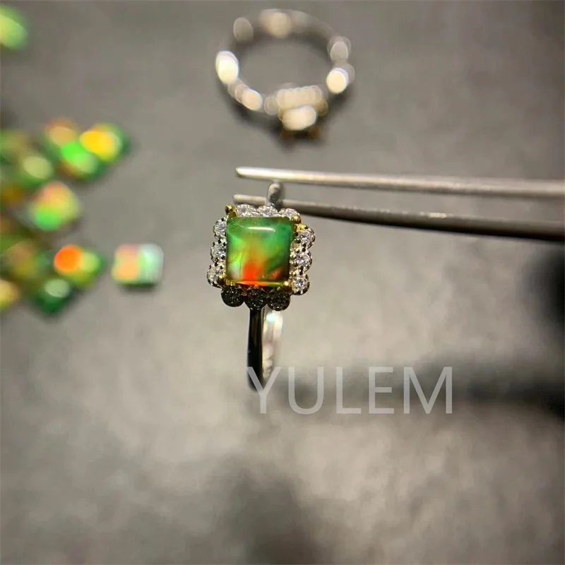 YULEM New Arrival 100% Natural and real Ammolite ring  925 sterling silver Fine gem Ammonite Ring 5x5mm YULEM-ammolite image 2