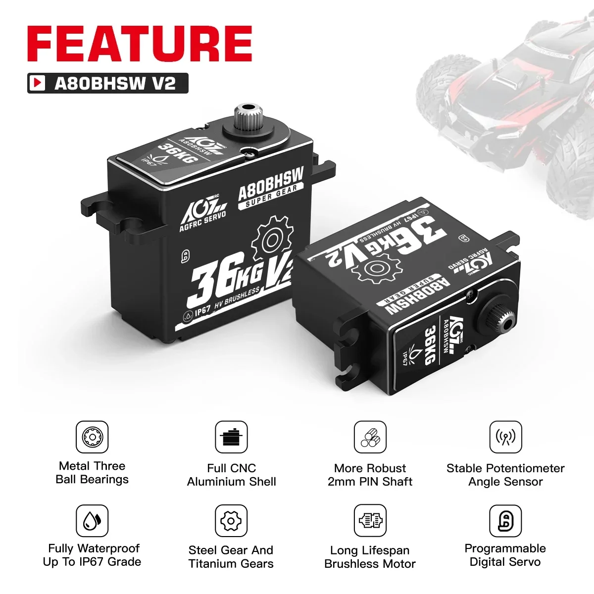 AGFRC Waterproof A80BHSW V2 36KG High Torque 0.071Sec  Programmable Brushless Servo For 1/10 Off Road RC Car Truck Monster Truck