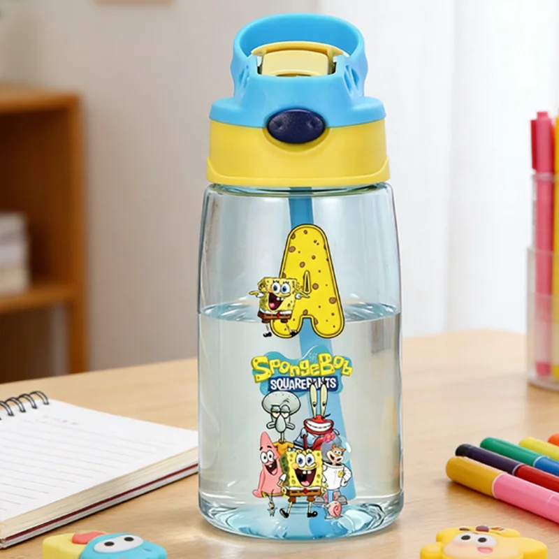 480ML SpongeBobs Water Bottle Kawaii Letter A-Z Printed Leak Proof Straw Cup Cartoon Sport Casual Outdoors Drinking Kettle Gift